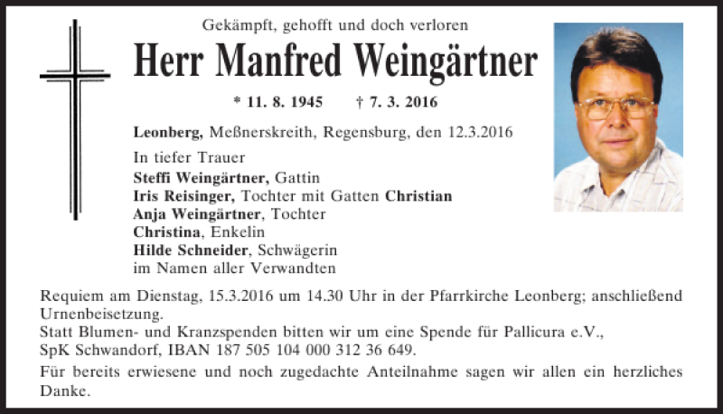  Traueranzeige für Manfred Weingärtner vom 12.03.2016 aus Mittelbayerische Zeitung Regensburg