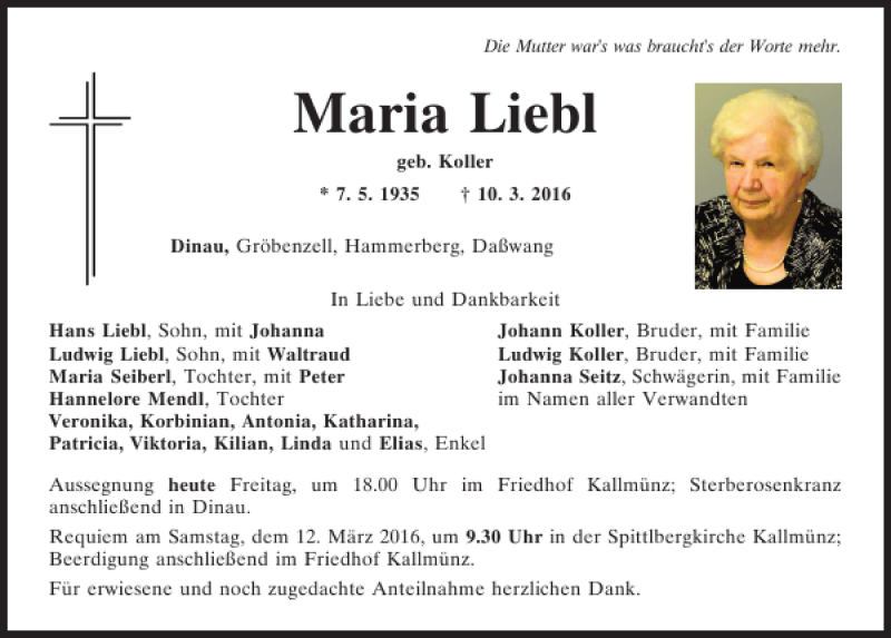  Traueranzeige für Maria Liebl vom 11.03.2016 aus Mittelbayerische Zeitung Regensburg
