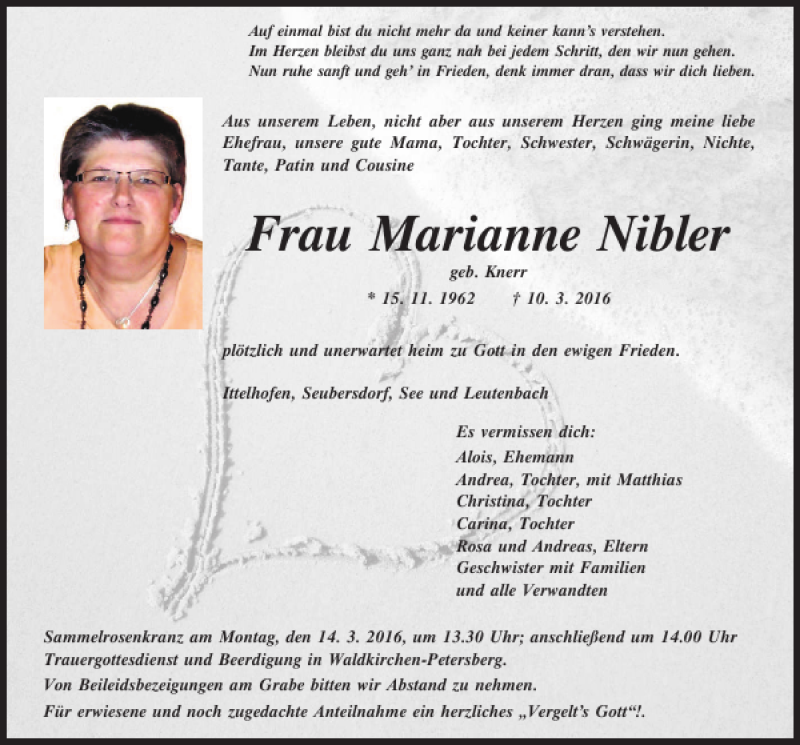  Traueranzeige für Marianne Nibler vom 12.03.2016 aus Neumarkter Tagblatt