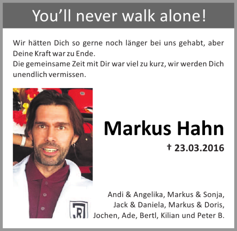  Traueranzeige für Markus Hahn vom 30.03.2016 aus Mittelbayerische Zeitung Regensburg