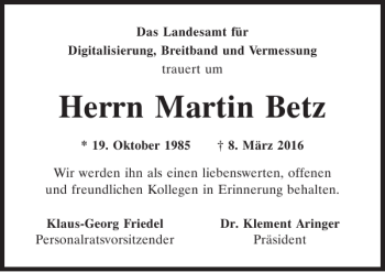 Traueranzeige von Martin Betz von Mittelbayerische Zeitung Kelheim