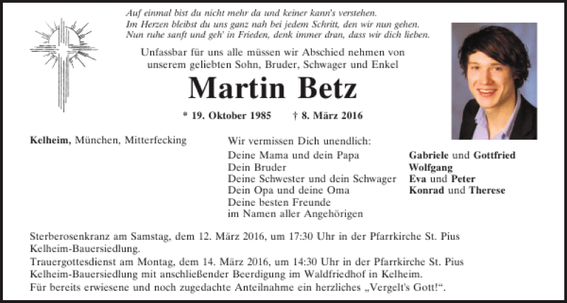  Traueranzeige für Martin Betz vom 10.03.2016 aus Mittelbayerische Zeitung Kelheim