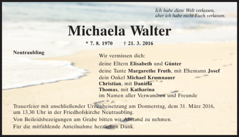  Traueranzeige für Michaela Walter vom 26.03.2016 aus Mittelbayerische Zeitung Regensburg