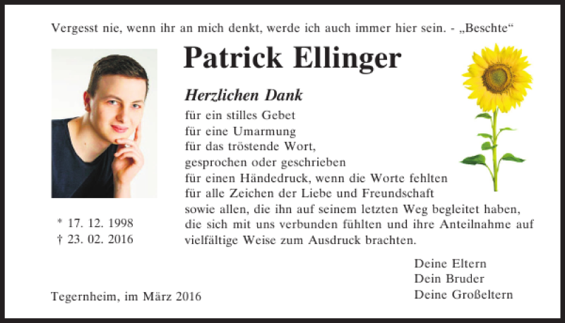  Traueranzeige für Patrick Ellinger vom 12.03.2016 aus Mittelbayerische Zeitung Regensburg