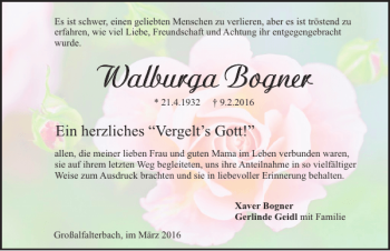 Traueranzeige von Walburga Bogner von Neumarkter Tagblatt