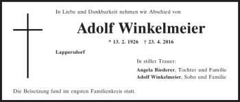 Traueranzeige von Adolf Winkelmeier von Mittelbayerische Zeitung Regensburg