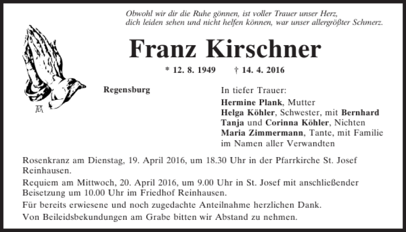  Traueranzeige für Franz Kirschner vom 16.04.2016 aus Mittelbayerische Zeitung Regensburg