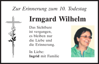Traueranzeige von Irmgard Wilhelm von Mittelbayerische Zeitung Kelheim