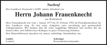 Traueranzeige von Johann Frauenknecht von Neumarkter Tagblatt