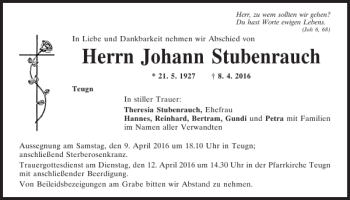 Traueranzeige von Johann Stubenrauch von Mittelbayerische Zeitung Kelheim