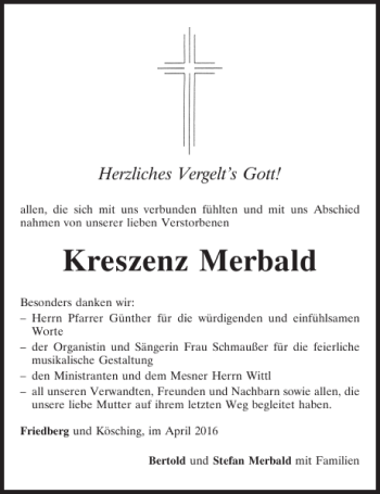 Traueranzeige von Kreszenz Merbald von Neumarkter Tagblatt