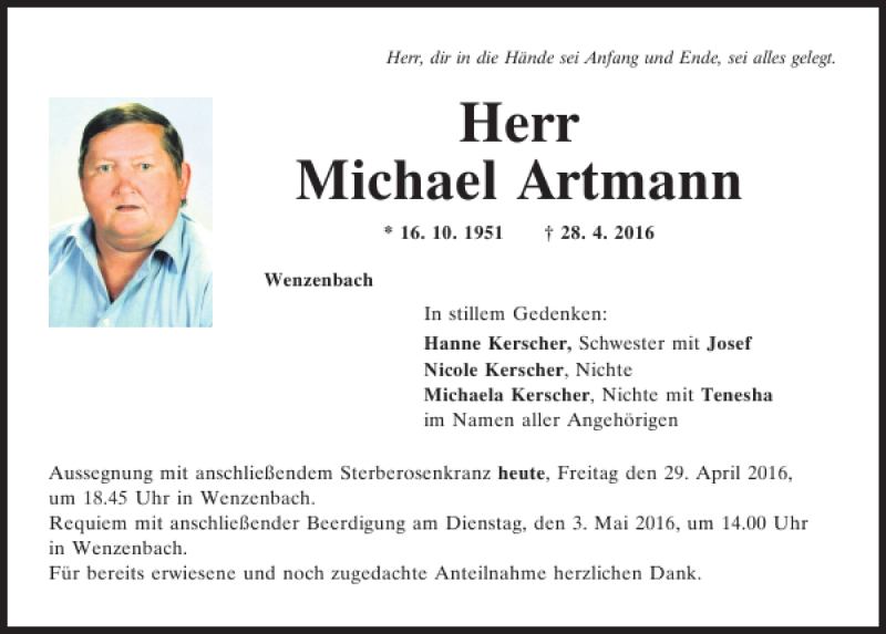  Traueranzeige für Michael Artmann vom 29.04.2016 aus Mittelbayerische Zeitung Regensburg