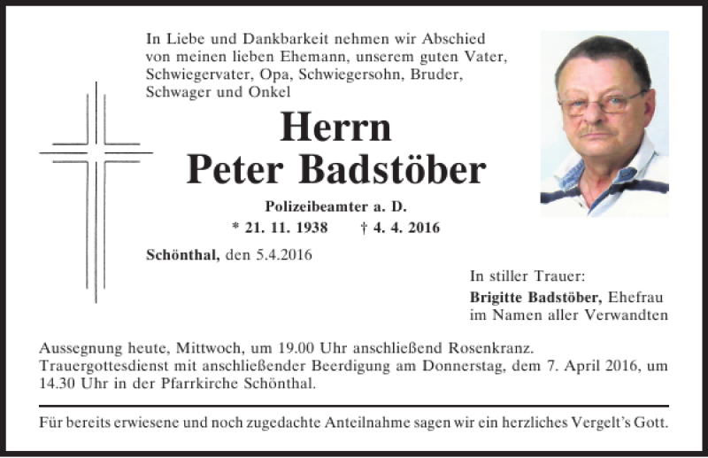  Traueranzeige für Peter Badstöber vom 06.04.2016 aus Bayerwald Echo