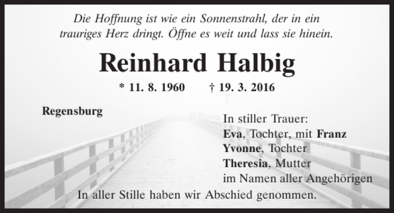  Traueranzeige für Reinhard Halbig vom 02.04.2016 aus Mittelbayerische Zeitung Regensburg