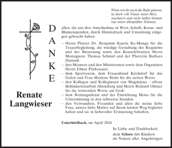 Traueranzeige von Renate Langwieser von Mittelbayerische Zeitung Kelheim
