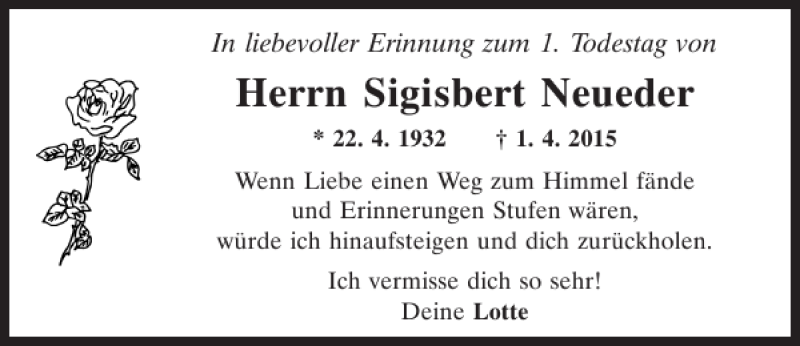  Traueranzeige für Sigisbert Neueder vom 01.04.2016 aus Mittelbayerische Zeitung Regensburg