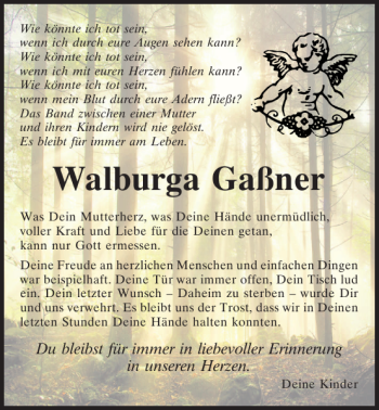 Traueranzeige von Walburga Gaßner von Mittelbayerische Zeitung Kelheim