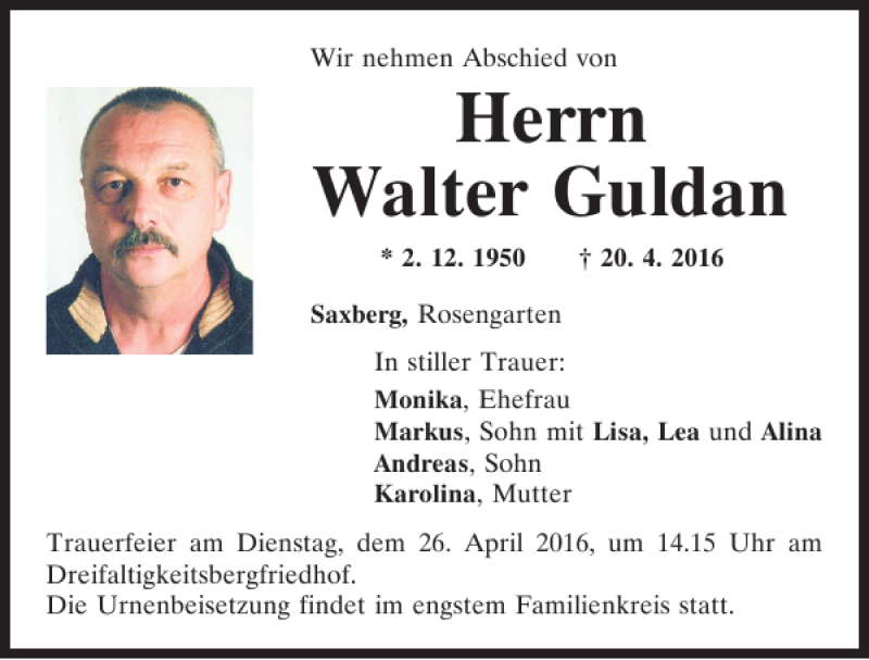  Traueranzeige für Walter Guldan vom 23.04.2016 aus Mittelbayerische Zeitung Regensburg