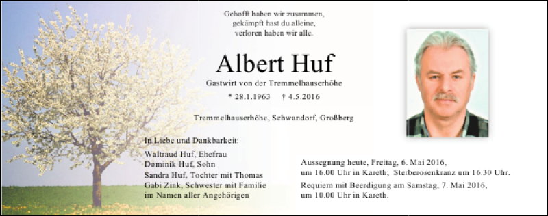  Traueranzeige für Albert Huf vom 06.05.2016 aus Mittelbayerische Zeitung Regensburg