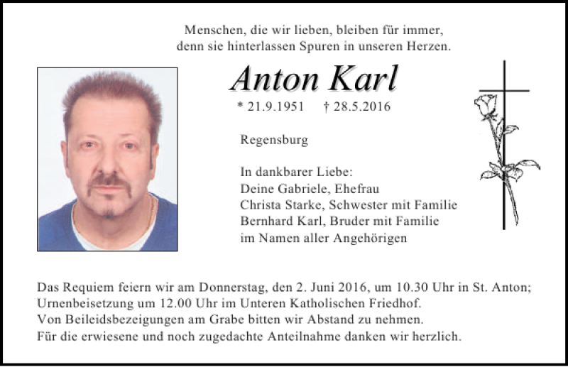  Traueranzeige für Anton Karl vom 31.05.2016 aus Mittelbayerische Zeitung Regensburg