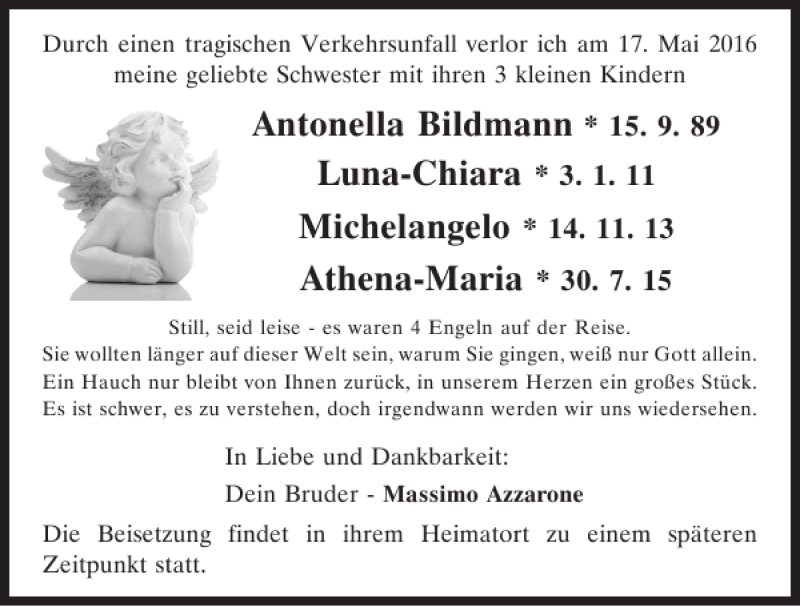  Traueranzeige für Antonella Bildmann vom 28.05.2016 aus Mittelbayerische Zeitung Regensburg