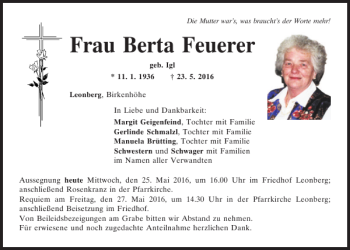 Traueranzeige von Berta Feuerer von Mittelbayerische Zeitung Schwandorf