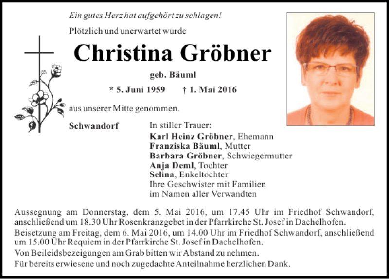  Traueranzeige für Christina Gröbner vom 03.05.2016 aus Mittelbayerische Zeitung Schwandorf