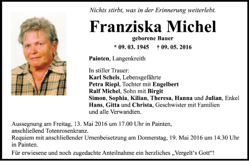  Traueranzeige für Franziska Michel vom 12.05.2016 aus Mittelbayerische Zeitung Kelheim
