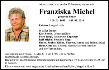 Traueranzeige von Franziska Michel von Mittelbayerische Zeitung Kelheim