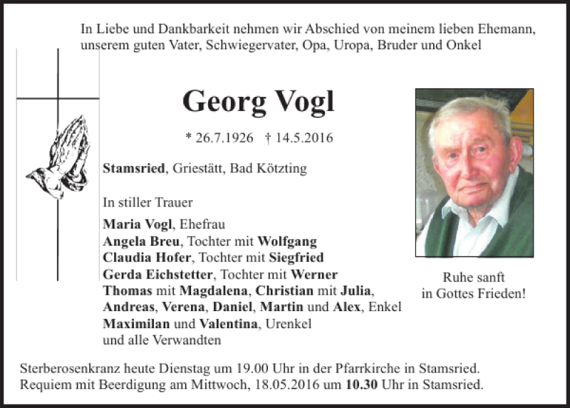 Traueranzeigen von Georg Vogl | Mittelbayerische Trauer