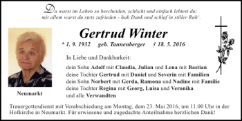 Traueranzeige von Gertrud Winter von Neumarkter Tagblatt