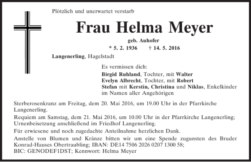  Traueranzeige für Helma Meyer vom 18.05.2016 aus Mittelbayerische Zeitung Regensburg