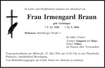 Traueranzeige von Irmengard Braun von Mittelbayerische Zeitung Schwandorf