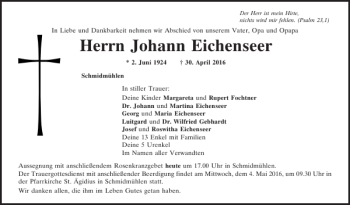 Traueranzeige von Johann Eichenseer von Mittelbayerische Zeitung Schwandorf