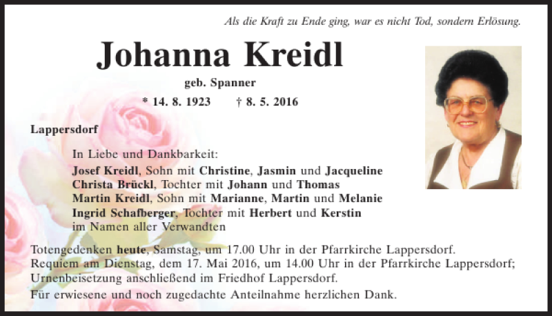  Traueranzeige für Johanna Kreidl vom 14.05.2016 aus Mittelbayerische Zeitung Regensburg