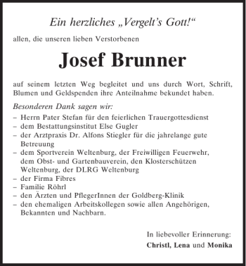 Traueranzeige von Josef Brunner von Mittelbayerische Zeitung Kelheim
