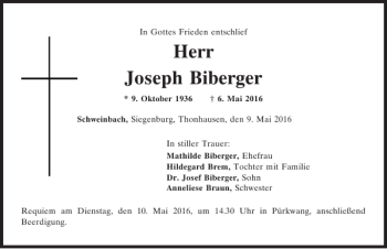 Traueranzeige von Joseph Biberger von Mittelbayerische Zeitung Kelheim