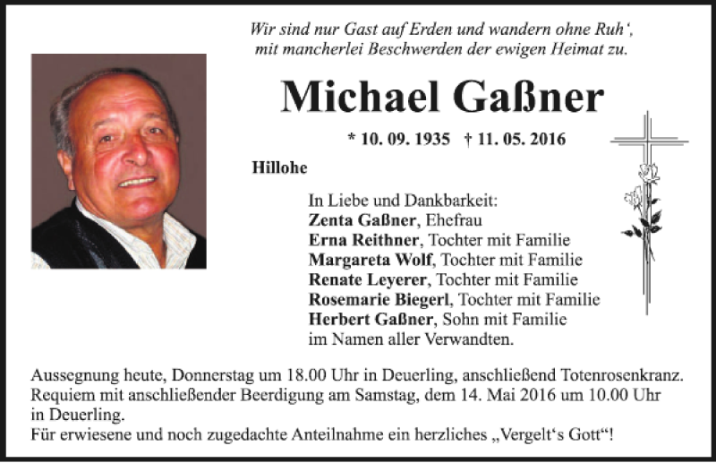  Traueranzeige für Michael Gaßner vom 12.05.2016 aus Mittelbayerische Zeitung Regensburg