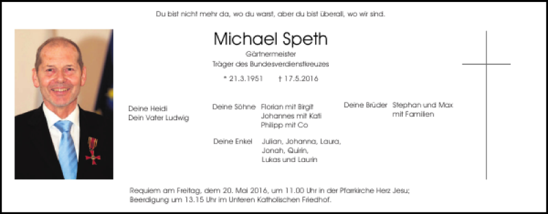  Traueranzeige für Michael Speth vom 18.05.2016 aus Mittelbayerische Zeitung Regensburg