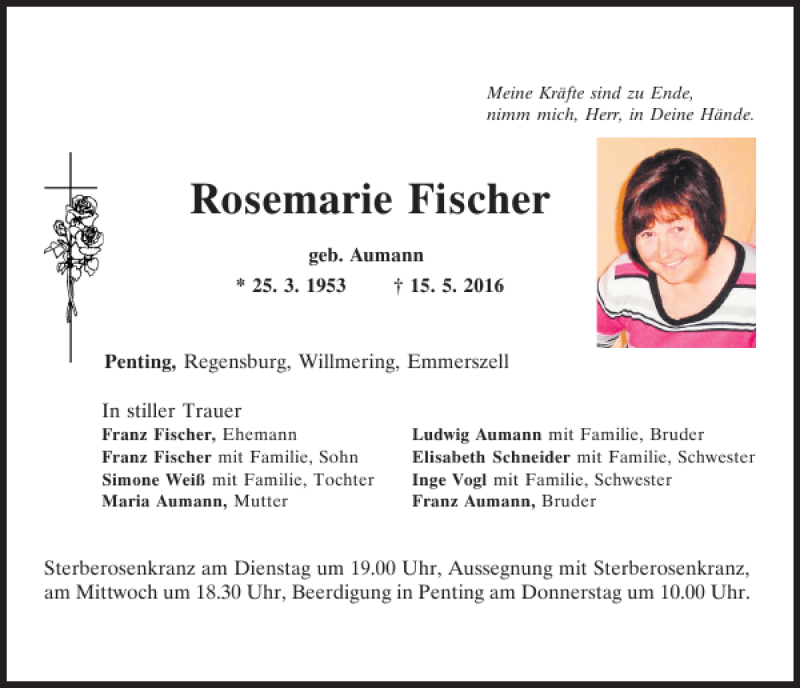  Traueranzeige für Rosemarie Fischer vom 17.05.2016 aus Bayerwald Echo