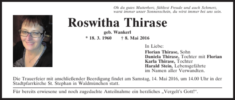  Traueranzeige für Roswitha Thirase vom 13.05.2016 aus Bayerwald Echo