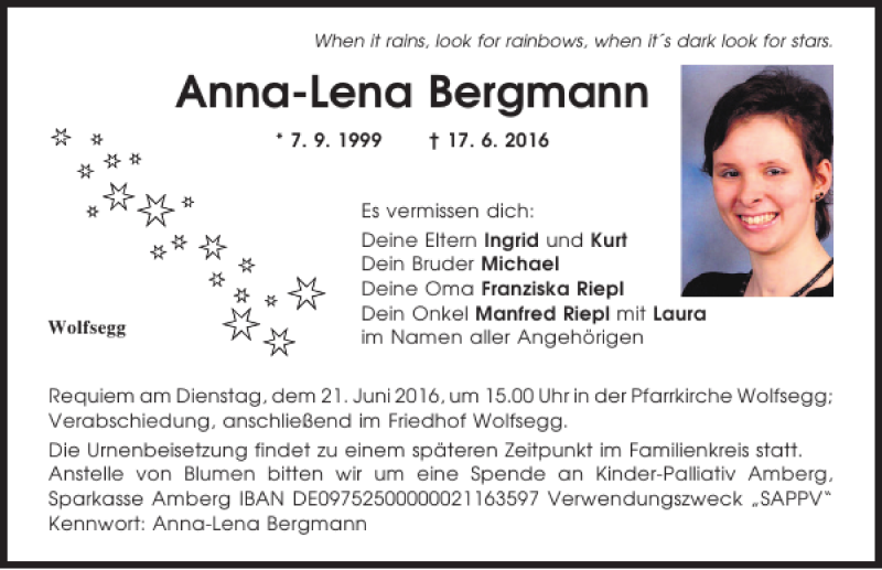  Traueranzeige für Anna-Lena Bergmann vom 20.06.2016 aus Mittelbayerische Zeitung Regensburg