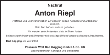 Traueranzeige von Anton Riepl von Mittelbayerische Zeitung Kelheim