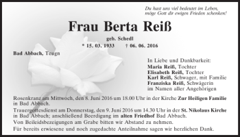 Traueranzeige von Berta Reiß von Mittelbayerische Zeitung Kelheim