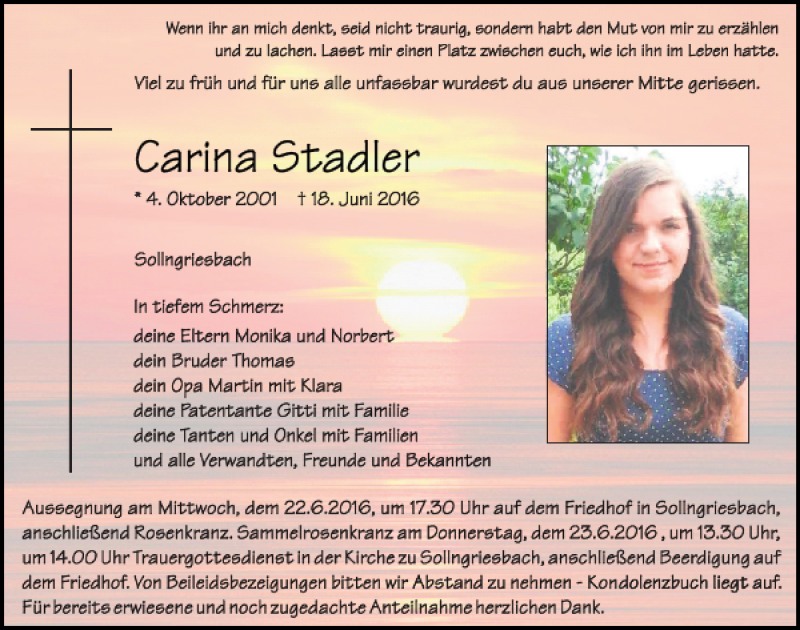  Traueranzeige für Carina Stadler vom 22.06.2016 aus Neumarkter Tagblatt