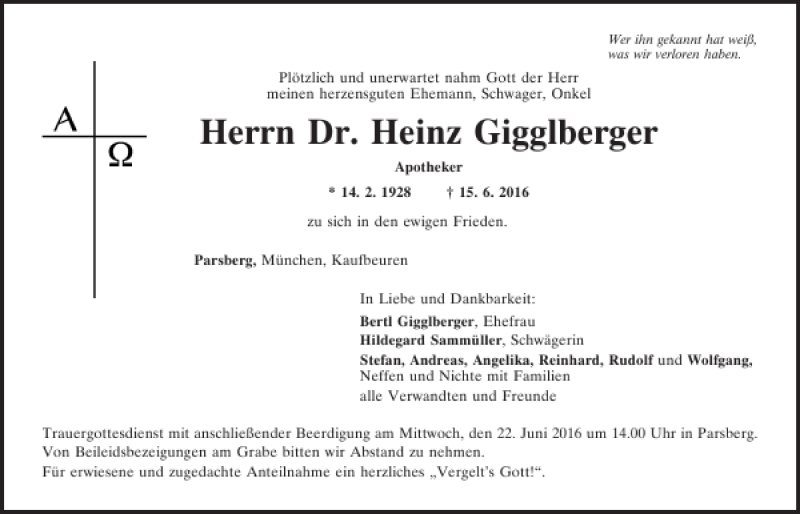  Traueranzeige für Dr. Heinz Gigglberger vom 20.06.2016 aus Neumarkter Tagblatt