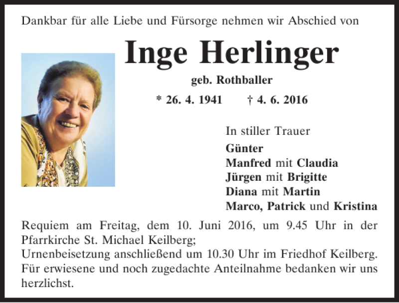 Traueranzeigen von Inge Herlinger | Mittelbayerische Trauer
