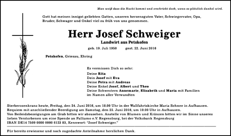  Traueranzeige für Josef Schweiger vom 24.06.2016 aus Mittelbayerische Zeitung Regensburg