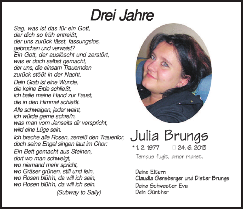  Traueranzeige für Julia Brungs vom 24.06.2016 aus Mittelbayerische Zeitung Regensburg