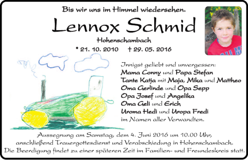  Traueranzeige für Lennox Schmid vom 03.06.2016 aus Mittelbayerische Zeitung Regensburg